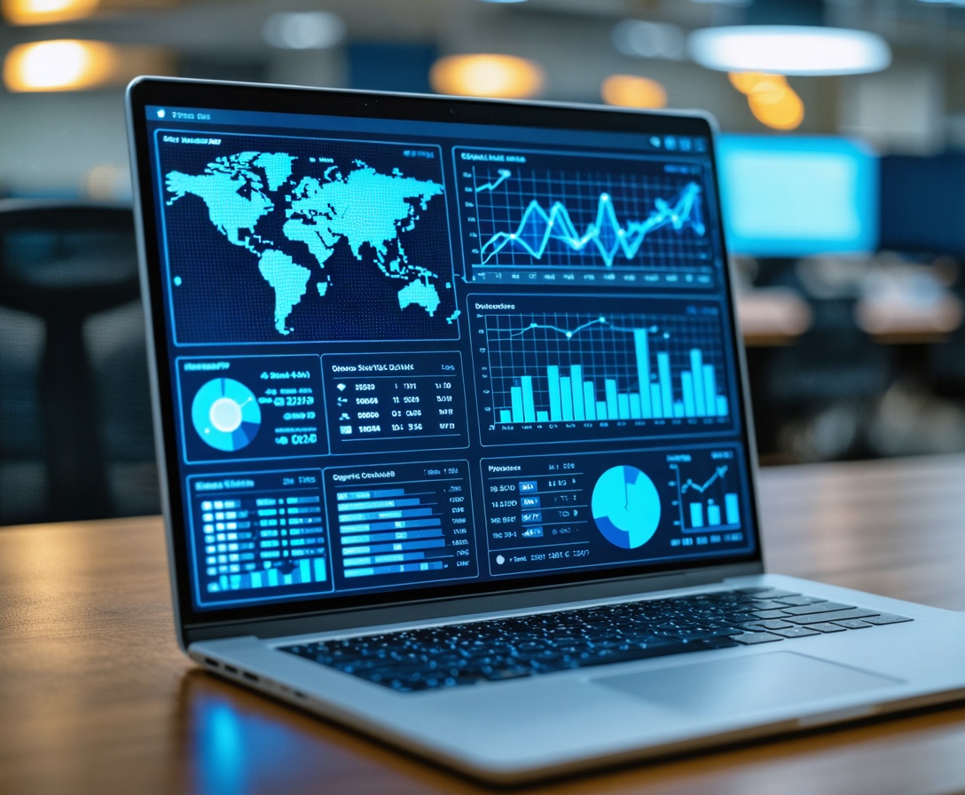 Высокотехнологичный дашборд аналитики на экране ноутбука