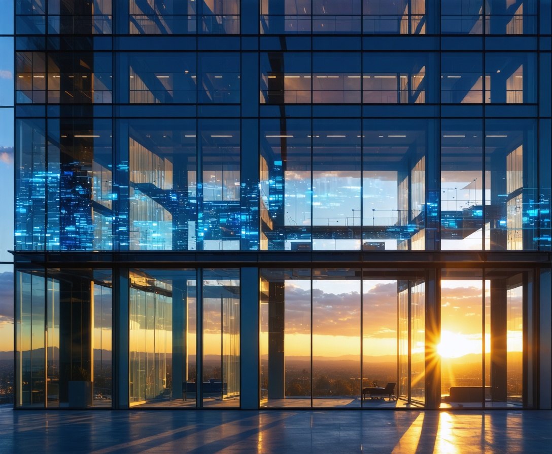Современный стеклянный офис в Кремниевой долине на закате