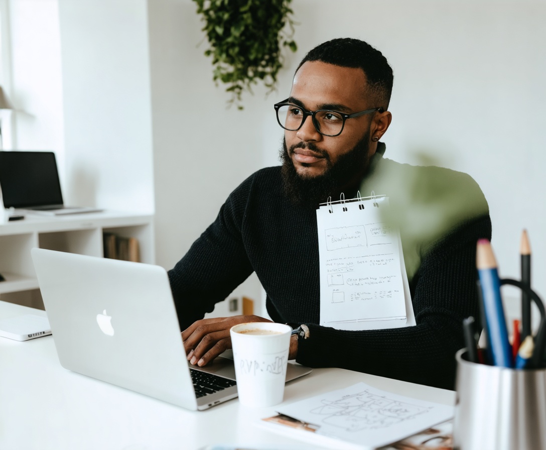 Предприниматель работает над проектом в минималистичном офисе